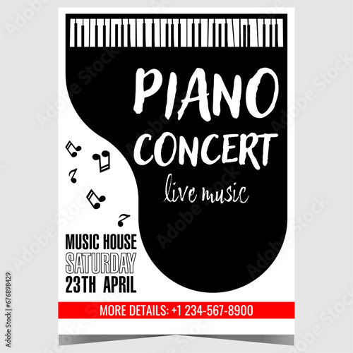 Live piano music concert invitation poster with grand piano and musical notes on white background. Vector banner, handout or cover for classical instrumental music festival, artistic show or carnival.