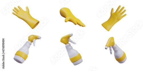 Professional cleaning. Detergents and protection. Antibacterial treatment of surfaces, disinfection. Spray trigger bottle, glove. Set of yellow isolated vector illustrations