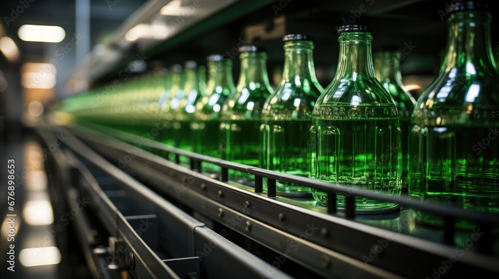 Alcohol-filled bottles on a conveyor belt in a production facility