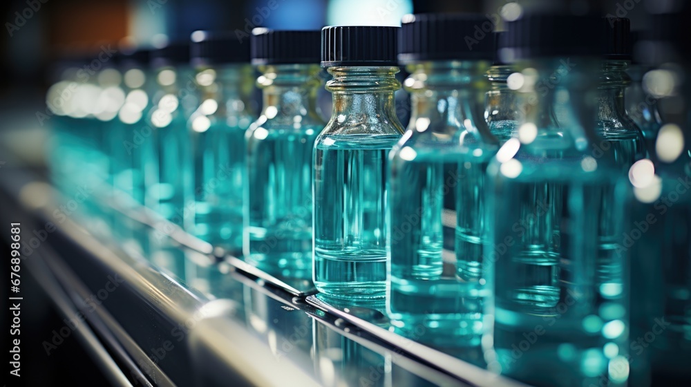 Medicine bottles on a conveyor belt in a pharmaceutical production facility Medicine bottles on a conveyor belt in a pharmaceutical production facility