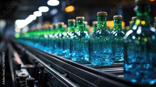 Alcohol-filled bottles progressing on a conveyor belt in a beverage production line