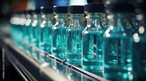 Medicine bottles on a conveyor belt in a pharmaceutical production facility