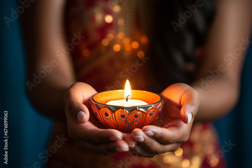 An Indian womans hands holding a diya diwali festival celebration candle