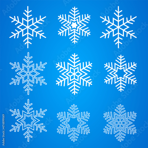 White isolated snowflake set on blue background. Snowflake icons set. Snow icon. Vector illustration.