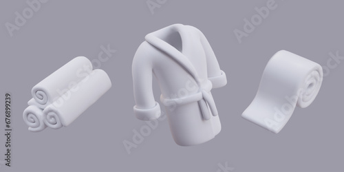 3D white bath robe, stack of twisted towels, toilet paper. Set of vector illustrations. Isolated images without labeling, mockup. Goods for sauna, hotel, spa, home use