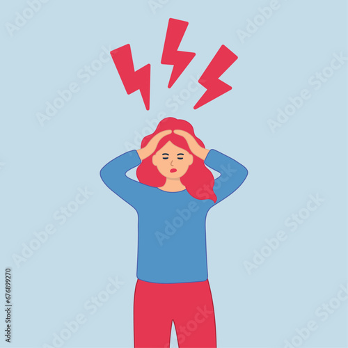 The young woman is in stress. Woman in shock, and lightning over her. Vector flat The young woman is in stress. Woman in shock, and lightning over her. Vector flat illustration