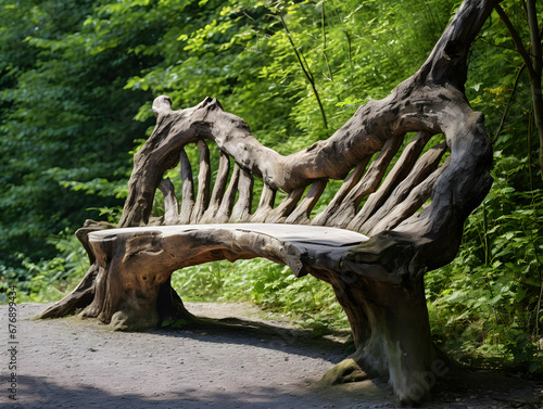 Handcrafted wooden bench out of tree seamlessly blends into the forest surroundings.