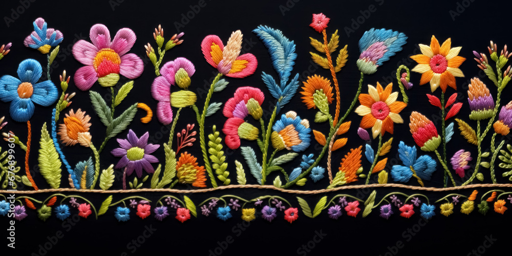 Border with embroidery with natural pattern of flowers and leaves on black background. Handmade for piece of clothing or an interior item