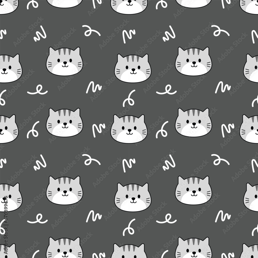 Cute grey cat cartoon seamless pattern background with grey background Cute grey cat cartoon seamless pattern background with grey background