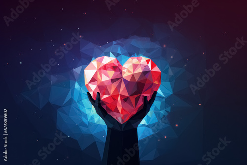 Human hands hold large red heart on dark blue background. Concept world health day and of world children day