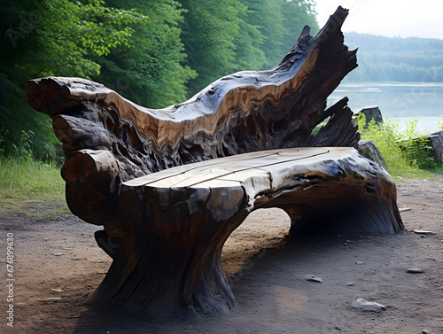 Handcrafted wooden bench out of tree seamlessly blends into the forest surroundings. © Jan