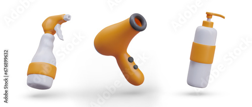 Realistic spray bottle with protection for hair, plastic bottle with shampoo and hair dryer with white background. Vector illustration in 3d style and orange elements