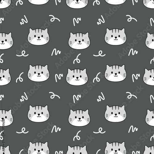 Cute grey cat cartoon seamless pattern background with grey background
