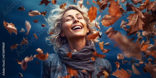 Captivating Older Woman Amidst Falling Autumn Leaves, AI generated