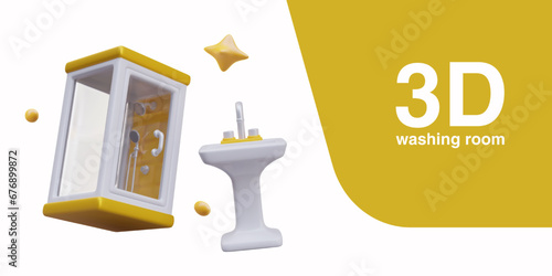 Set of 3D illustrations, elements for washing room. Shower cabin with transparent walls, sink, golden bubbles, star. Templates for advertising detergents, cleaning services