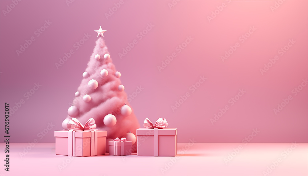 Render of a pink christmas tree with presents. Minimalistic christmas wallpaper with gradient. Xmas greeting card design. Render of a pink christmas tree with presents. Minimalistic christmas wallpaper with gradient. Xmas greeting card design.