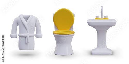 Realistic white bath robe, washstand, toilet with raised golden lid. Set of color vector elements. Items for luxurious modern bathroom. Icons, templates for web design
