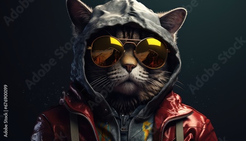 Le portrait d'un chat habillé stylé avec capuche et lunettes de soleil