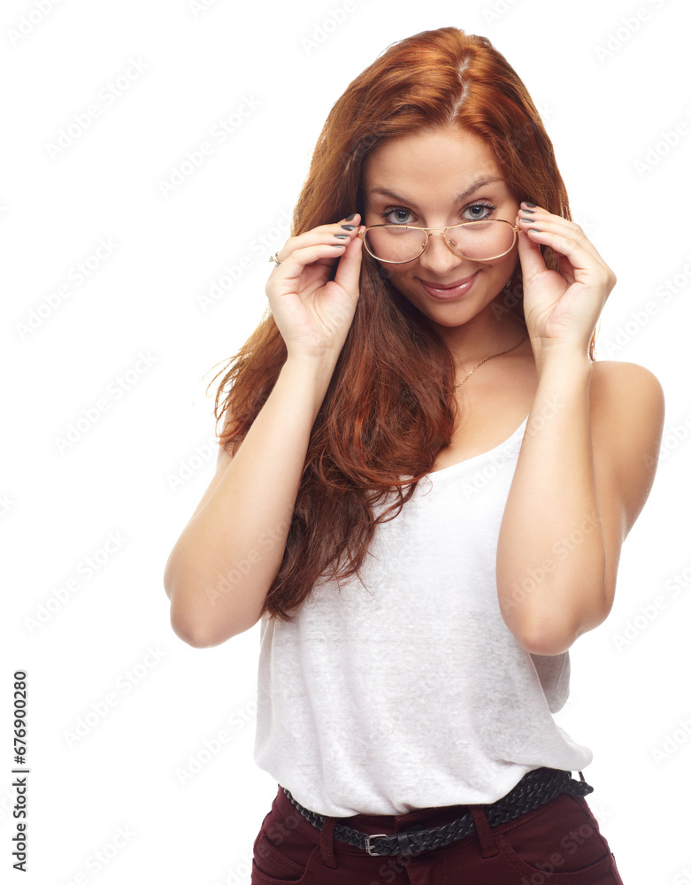 Woman, portrait and glasses or smile in studio for fashion, vision and confidence on white background. Person, face or happy with eyewear, casual outfit or spectacles and redhead for beauty on mockup