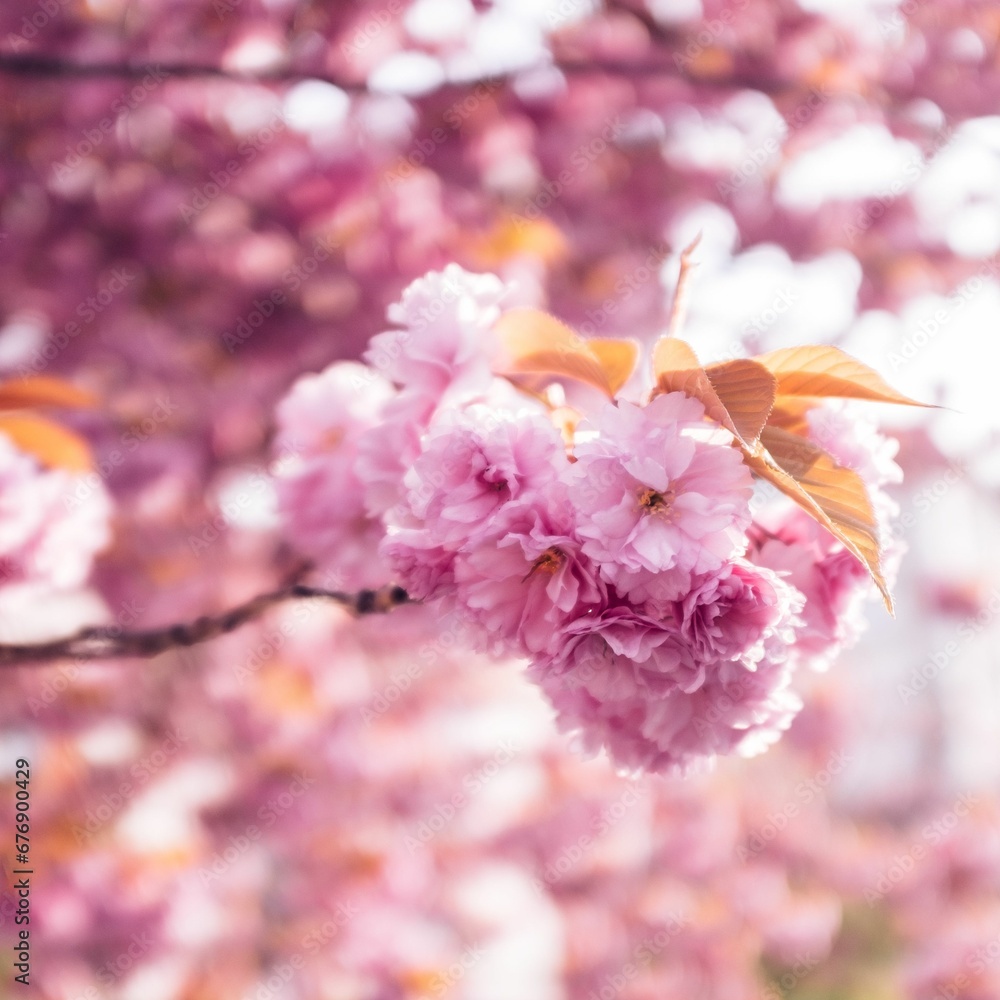 a tree branch covered in pink flowers and leaves with a blurry background