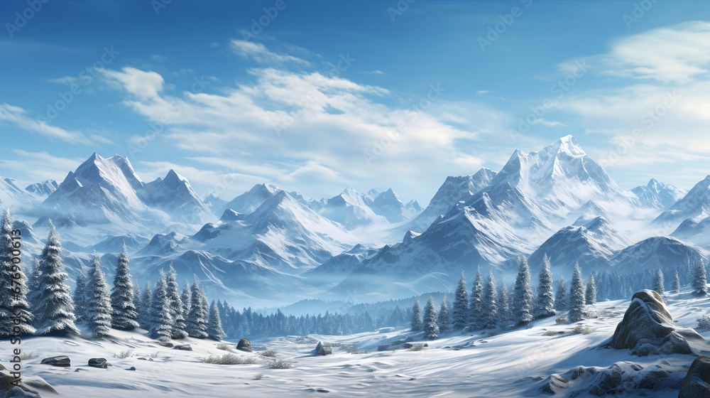 The serene beauty of winter comes alive with unique snowflakes, a calm white vista, and majestic mountainous backdrops.
