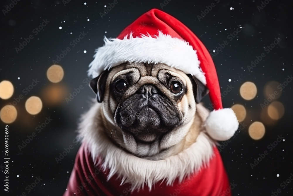 Desktop background of a dog in Santa outfit with dramatic lights.