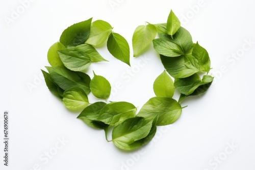 Heart shaped green plant and leaf symbol on white background love for nature concept