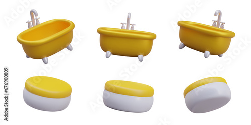 Colorful golden bath and jar for scrub in different positions on white background. 3d home bathroom, personal cosmetic, washing and cleaning concept. Vector illustration in 3d style