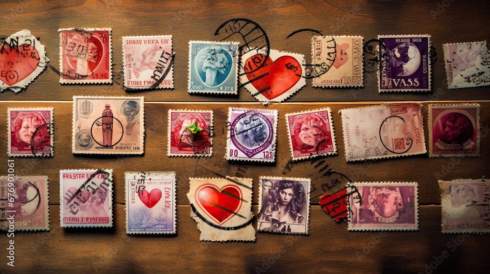 A collection of vintage Valentine's postage stamps from around the world. Happy Valentine's Day. Stamp collecting.  - obrazy, fototapety, plakaty 