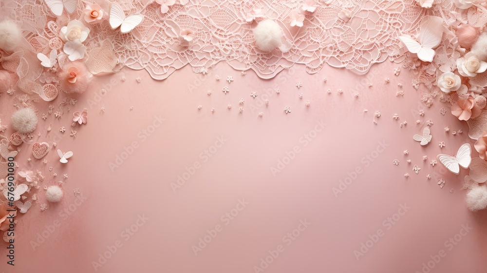  A delicate spread of lace doilies and Valentine's confetti. Happy Valentine's Day. Wedding card, bridal invitation.  - obrazy, fototapety, plakaty 