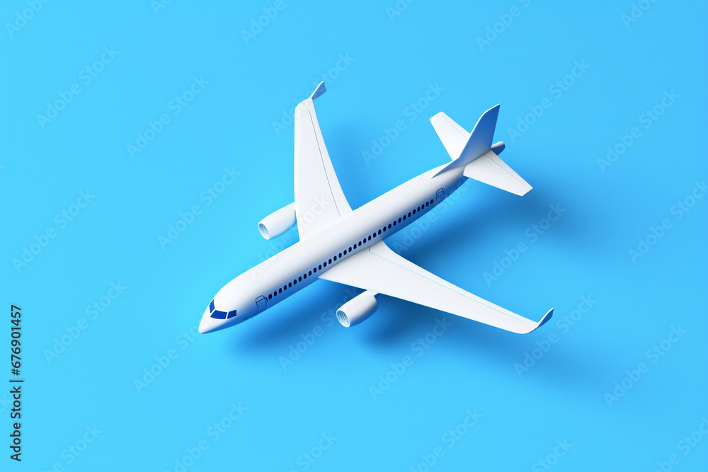 Top view of a whimsical cartoon airplane flying against a blue background, perfect for children's books or toy advertisements. Modern cartoon airplane