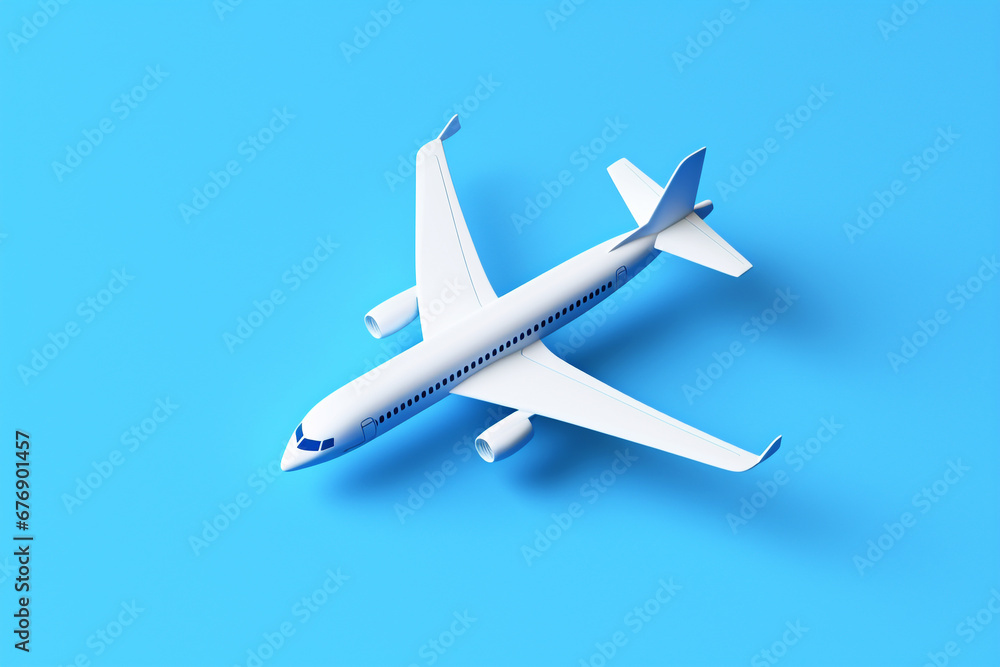 Top view of a whimsical cartoon airplane flying against a blue background, perfect for children's books or toy advertisements. Modern cartoon airplane Top view of a whimsical cartoon airplane flying against a blue background, perfect for children's books or toy advertisements. Modern cartoon airplane