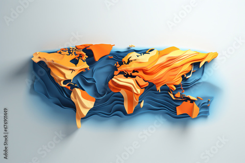 Textured orange and blue world map on white background. Minimal art line. Paper map. Globe Earth. Cartography concept. AI generation