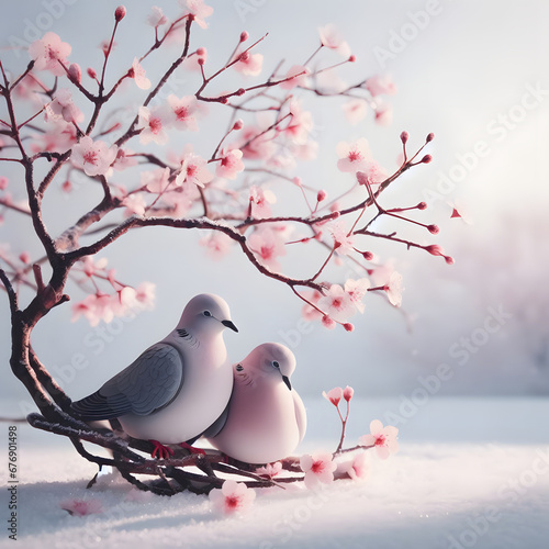 Two pigeons sitting on a branch of a blossoming cherry tree in a snowy winter morning, generative ai © Nora