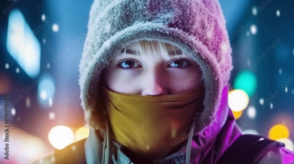 Young woman in snow. reflective winter night, yellow scarf Young woman in snow. reflective winter night, yellow scarf