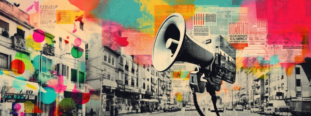 Fototapeta premium Vibrant collage art with loudspeaker and cityscape. Photomontage of street view, colorful abstracts,