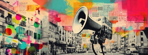 Vibrant collage art with loudspeaker and cityscape. Photomontage of street view, colorful abstracts, photo