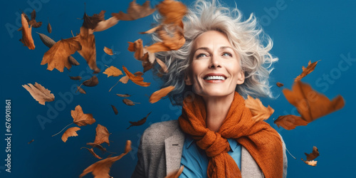 Captivating Older Woman Amidst Falling Autumn Leaves, AI generated