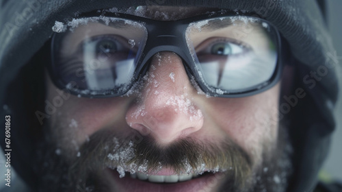 man in snow, wearing hat and goggles, focused and determined, engaging in winter sports, yellow and black goggles, snowy landscape, caucasian, 20s to 40s