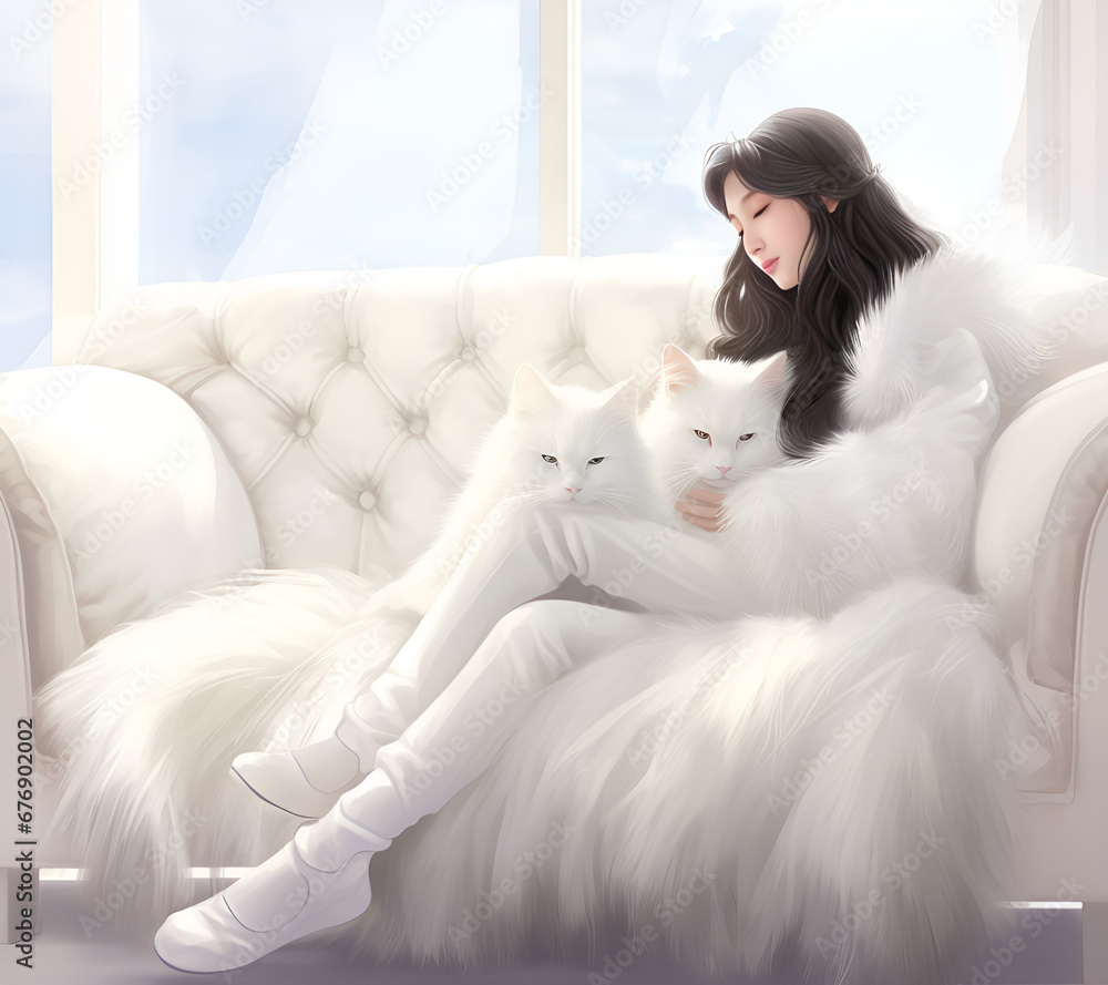 anime, white, girl sitting, with cat, anime, white, girl sitting, with cat,