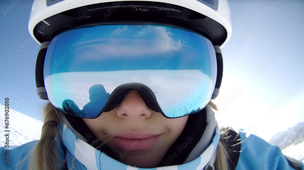 smiling blonde woman in blue goggles and helmet, joyfully participating in winter sport or outdoor activity, enthusiasm and happiness, snowy landscape adds to the scene's atmosphere smiling blonde woman in blue goggles and helmet, joyfully participating in winter sport or outdoor activity, enthusiasm and happiness, snowy landscape adds to the scene's atmosphere