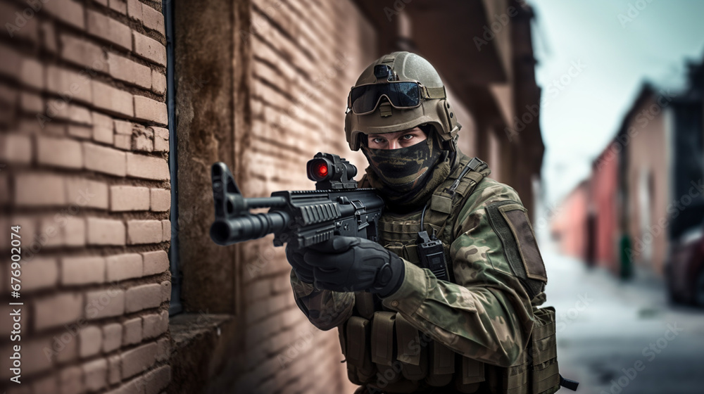 soldier in military fatigues standing in an alleyway holding a gun, wearing a mask for camouflage or protection, in a city setting with a visible brick wall in the background. soldier in military fatigues standing in an alleyway holding a gun, wearing a mask for camouflage or protection, in a city setting with a visible brick wall in the background.