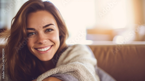 woman in white sweater smil...