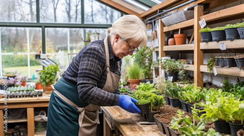 dedicated elderly woman in a greenhouse with white hair, wearing apron and gloves, tending to numerous potted plants with focused expression, showcasing her passion for gardening and plant care