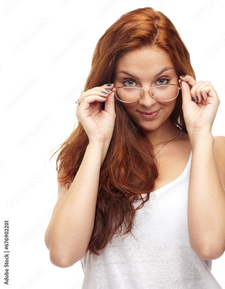 Woman, portrait and glasses or happy in studio for fashion, vision and confidence on white background. Person, face or smile with eyewear, casual outfit or spectacles and redhead for beauty on mockup Woman, portrait and glasses or happy in studio for fashion, vision and confidence on white background. Person, face or smile with eyewear, casual outfit or spectacles and redhead for beauty on mockup