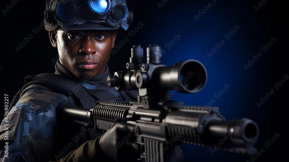 black african american man in military gear or police officer attire, holding a large rifle and aiming black african american man in military gear or police officer attire, holding a large rifle and aiming