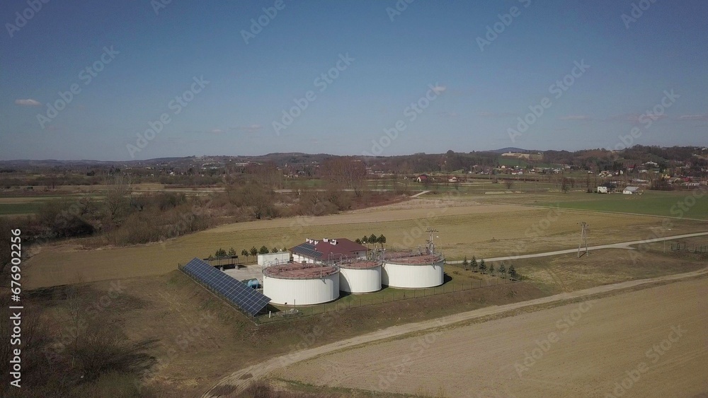 City treatment facilities. Aerial photography of treatment facilities from a drone or quadrocopter. Panels use solar energy. Recycling human waste. Question about clean drinking water. Power station