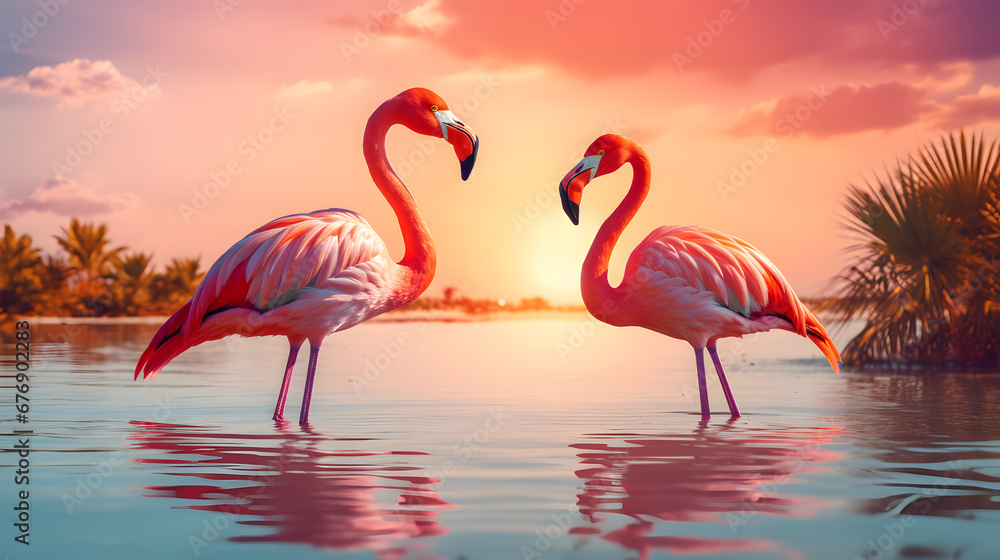 Fototapeta premium Two Flamingos in Water at Sunset with Tropical Background