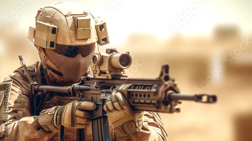 military soldier in gear standing in a desert-like environment, holding a rifle ready for action. Rifle positioned in front