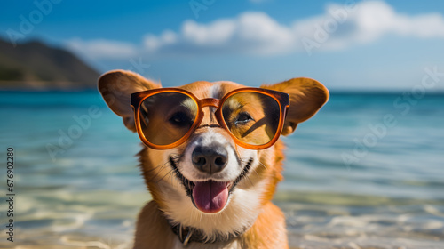 Happy Dog Wearing Sunglasses at the Beach